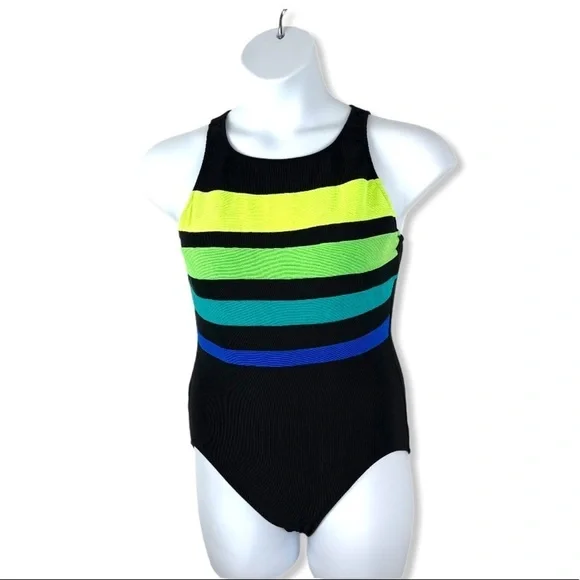 Color Block Stripe Textured One Piece High Neck Keyhole Back Swimsuit - Vintage - Picture 5 of 13